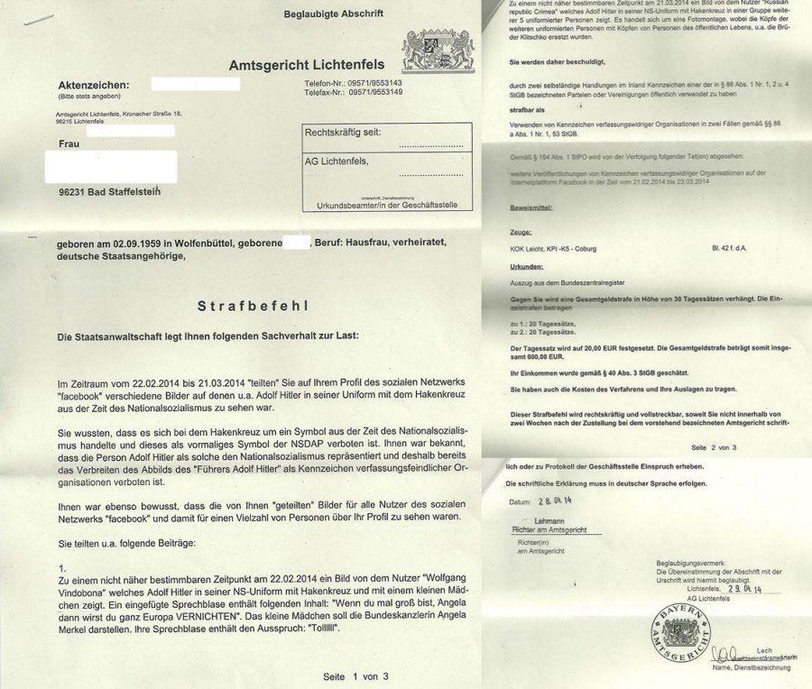 Пример того, как в ФРГ карают даже домохозяек за использование нацистской символики