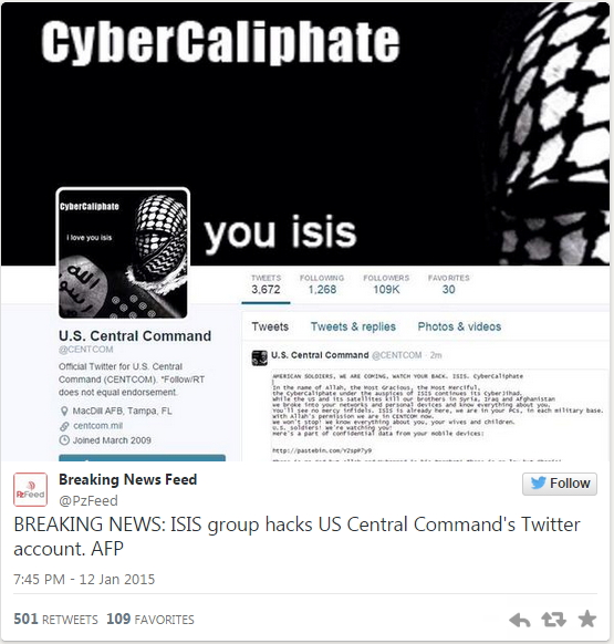 Сторонники «Исламского государства» взломали аккаунт центрального командования США в Twitter