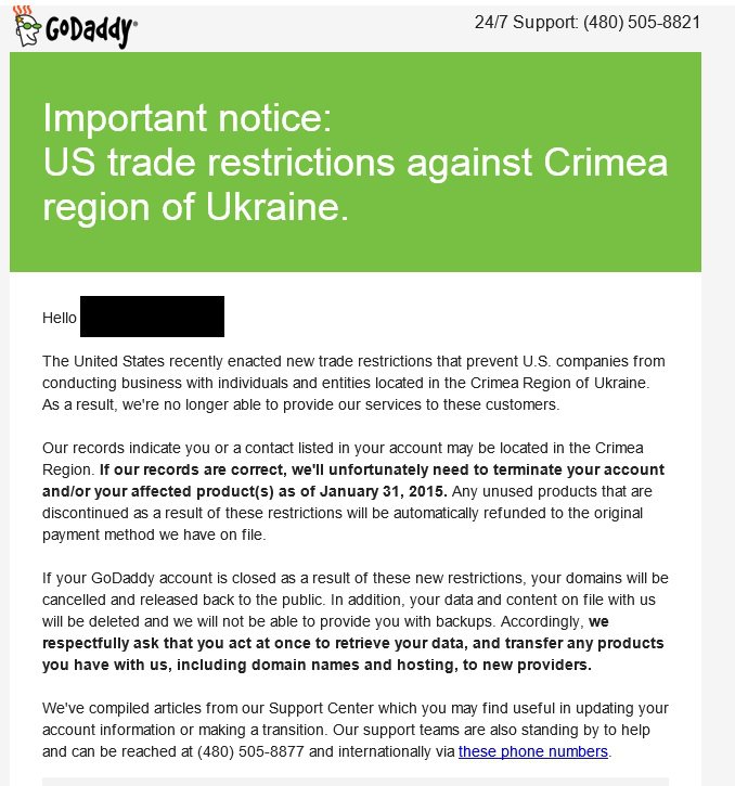 С февраля американские доменные компании удалят аккаунты пользователей в Крыму С февраля американские доменные компании удалят аккаунты пользователей в Крыму