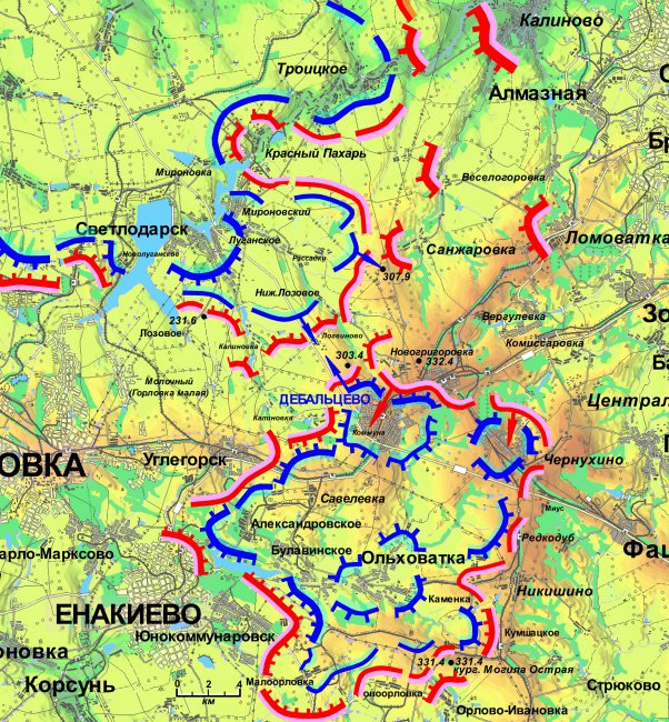 Карта боевых действий района Дебальцево на 21.00 12 февраля 2015 г.