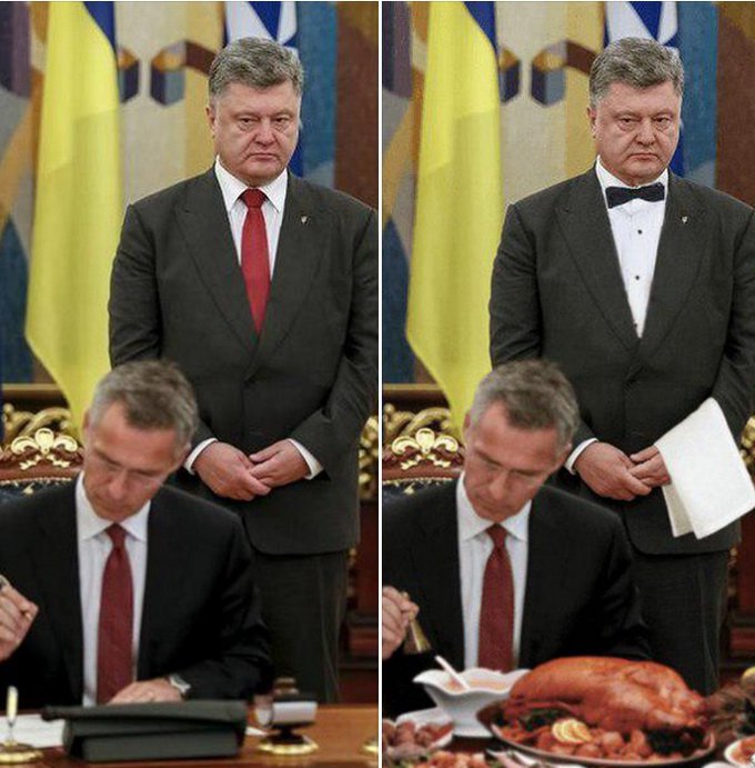 Порошенко высмеяли в «фотожабе» в виде официанта при генсеке НАТО Столтенберге