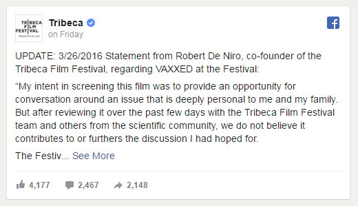 Роберт Де Ниро исключил из программы возглавляемого им кинофестиваля фильм о вреде вакцинации Роберт Де Ниро исключил из программы возглавляемого им кинофестиваля фильм о вреде вакцинации